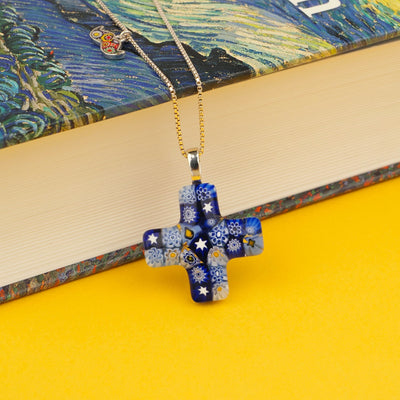 Starry Night Greek Cross Necklace - Black Leather - Pendant Necklace