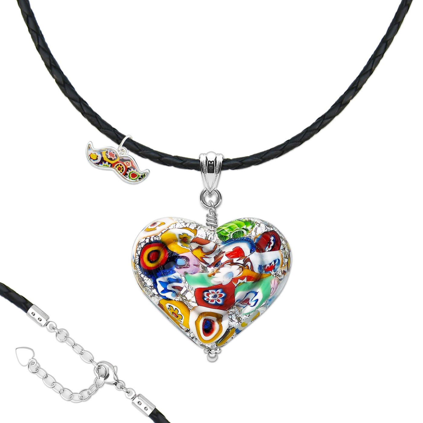 THE KISS | Classic Silver Double Heart Pendant - Leather - Pendant Necklace