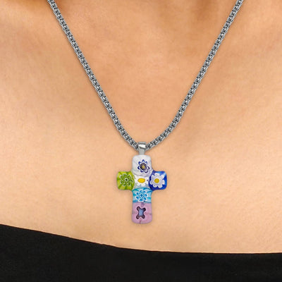 Cross in Bloom Necklace - 2mm 316L Stainless Steel - Pendant Necklace