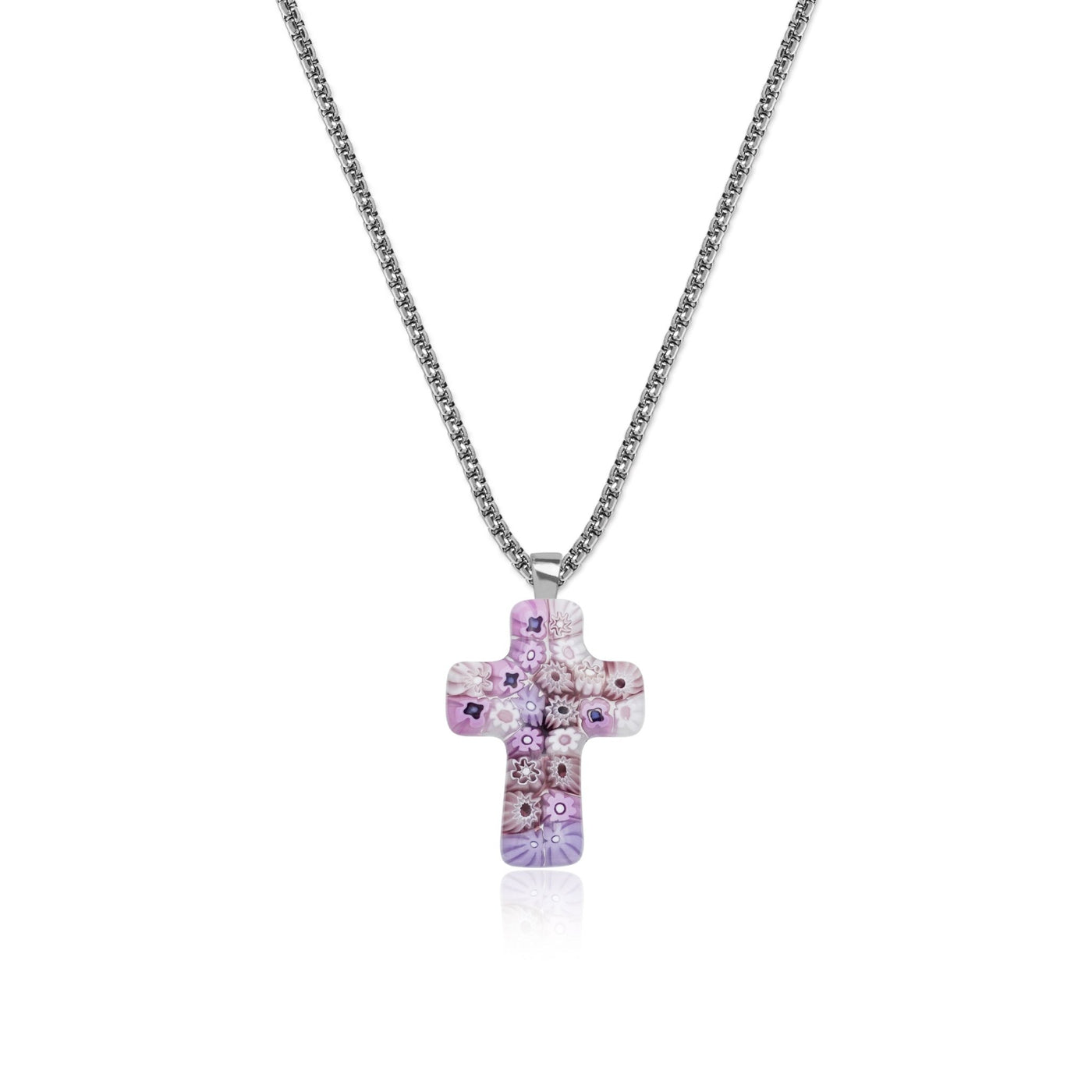 Cross in Bloom Necklace (Lavender Pink) - 1.2mm 925 Sterling Silver - Pendant Necklace