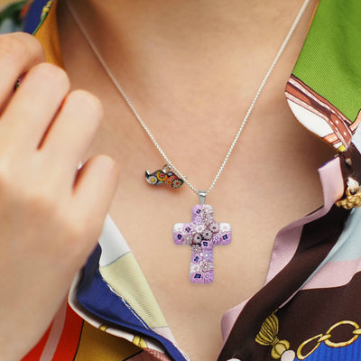 Cross in Bloom Necklace (Lavender Pink) - 1.2mm 925 Sterling Silver - Pendant Necklace