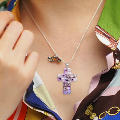 Cross in Bloom Necklace (Lavender Pink) - 1.2mm 925 Sterling Silver - Pendant Necklace