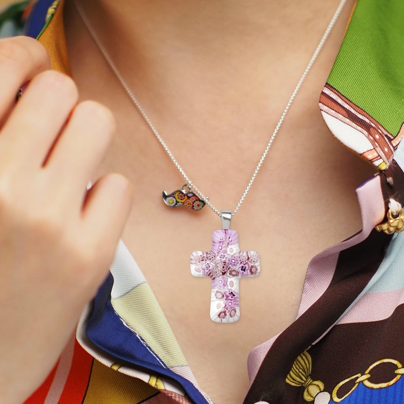 Cross in Bloom Necklace (Lavender Pink) - 1.2mm Sterling Silver - Pendant Necklace
