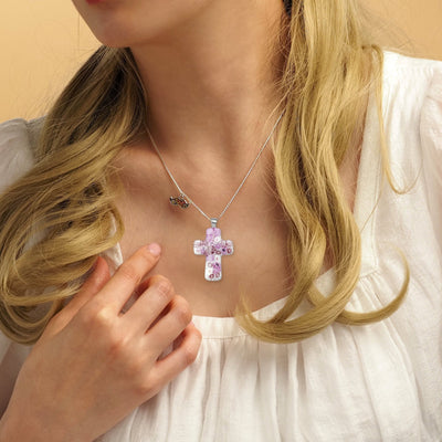 Cross in Bloom Necklace (Lavender Pink) - 1.2mm Sterling Silver - Pendant Necklace
