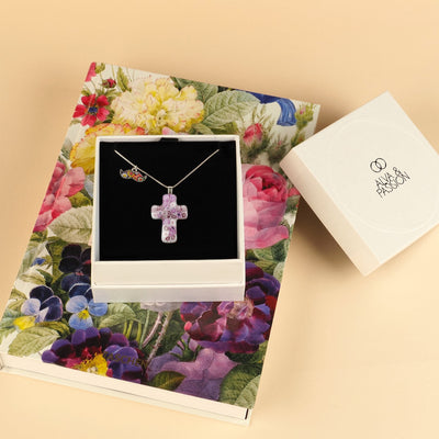 Cross in Bloom Necklace (Lavender Pink) - 1mm 925 Sterling Silver - Pendant Necklace