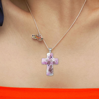 Cross in Bloom Necklace (Lavender Pink) - 1mm 925 Sterling Silver - Pendant Necklace