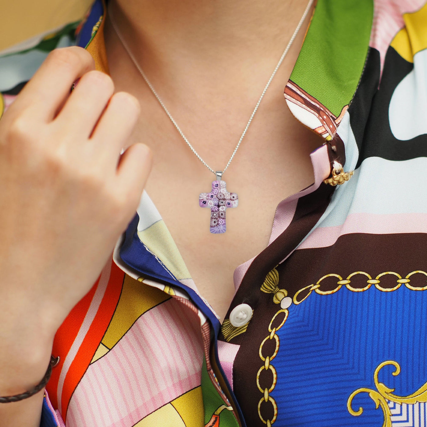 Cross in Bloom Necklace (Lavender Pink) - 2mm 316L Stainless Steel - Pendant Necklace