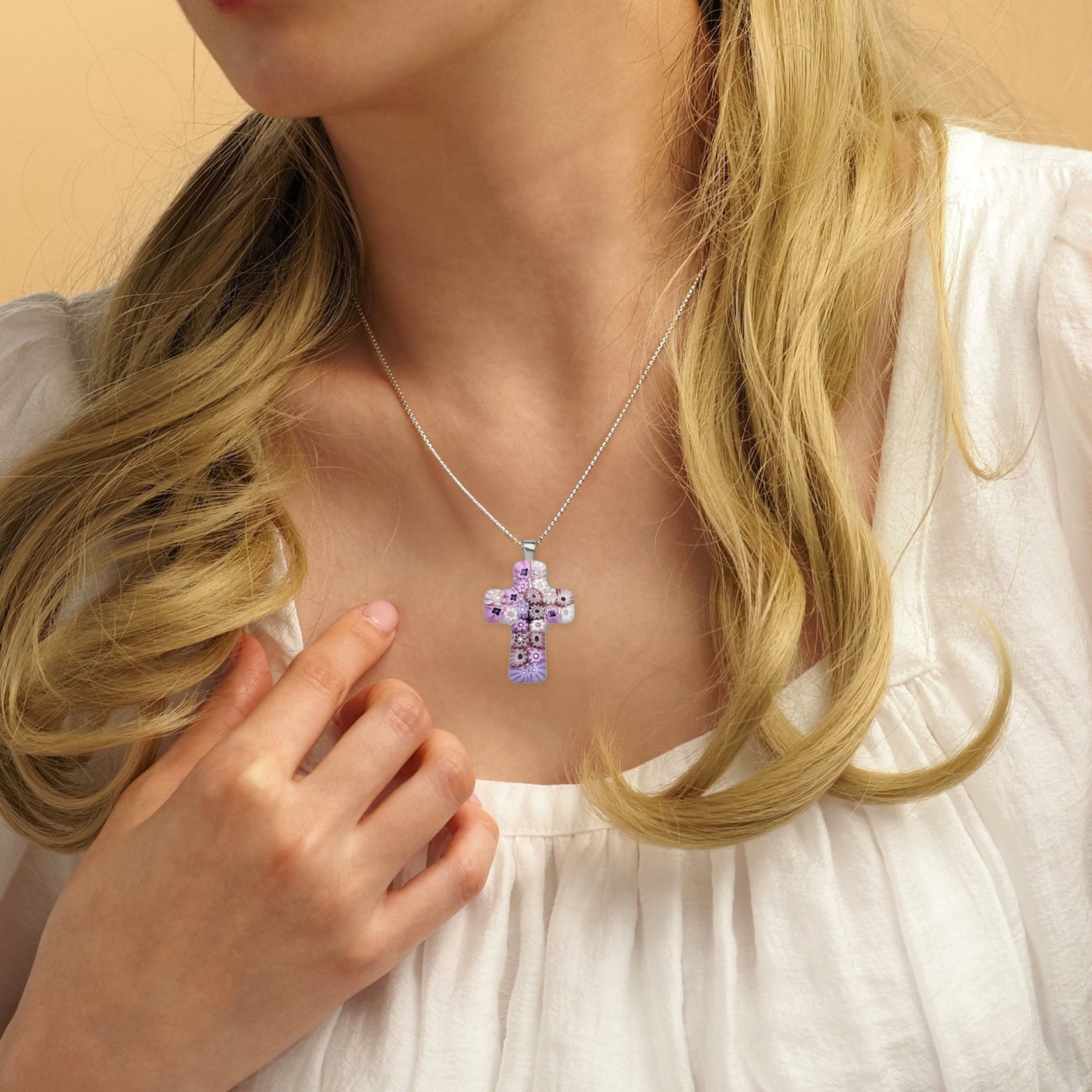 Cross in Bloom Necklace (Lavender Pink) - 2mm 316L Stainless Steel - Pendant Necklace
