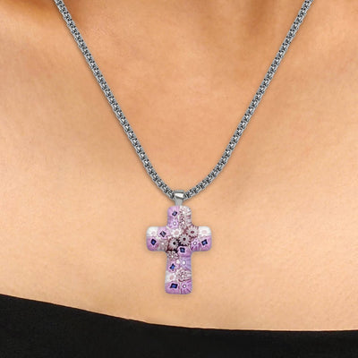 Cross in Bloom Necklace (Lavender Pink) - 2mm 316L Stainless Steel - Pendant Necklace