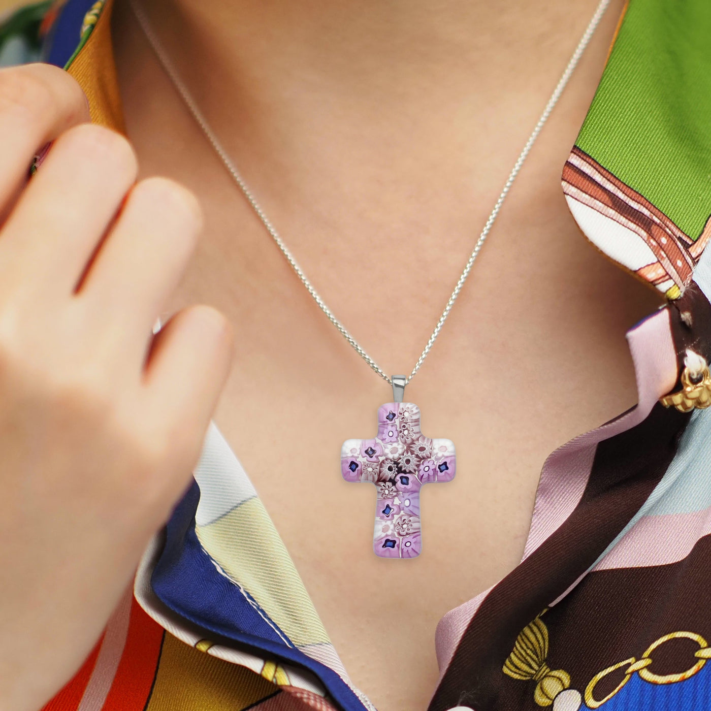 Cross in Bloom Necklace (Lavender Pink) - 2mm 316L Stainless Steel - Pendant Necklace