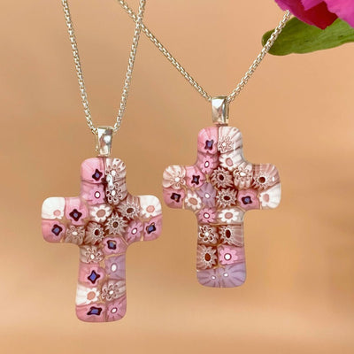 Cross in Bloom Necklace (Lavender Pink) - 2mm 316L Stainless Steel - Pendant Necklace