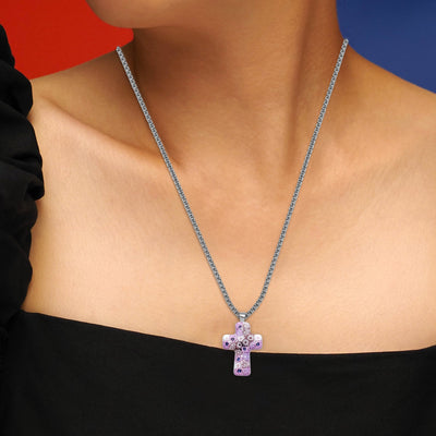 Cross in Bloom Necklace (Lavender Pink) - 2mm 316L Stainless Steel - Pendant Necklace