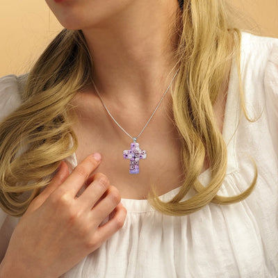 Cross in Bloom Necklace (Lavender Pink) - 2mm 316L Stainless Steel - Pendant Necklace