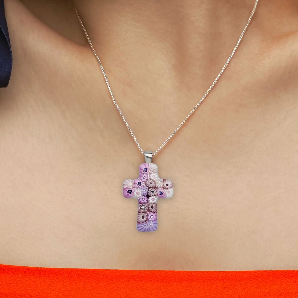 Cross in Bloom Necklace (Lavender Pink) - 2mm 316L Stainless Steel - Pendant Necklace