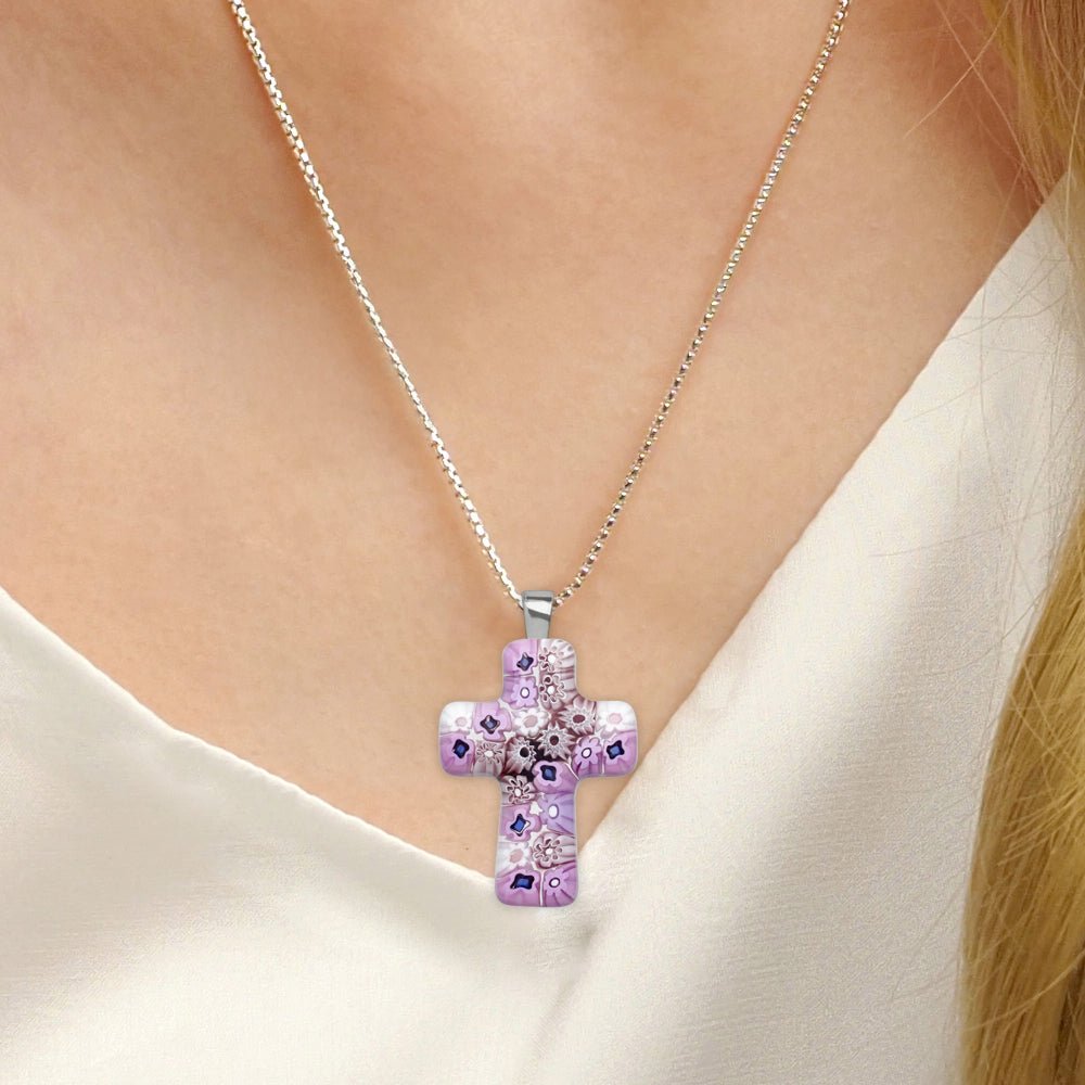 Cross in Bloom Necklace (Lavender Pink) - 2mm 316L Stainless Steel - Pendant Necklace