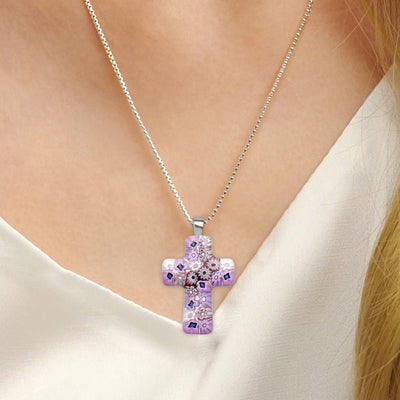 Cross in Bloom Necklace (Lavender Pink) - 2mm 316L Stainless Steel - Pendant Necklace