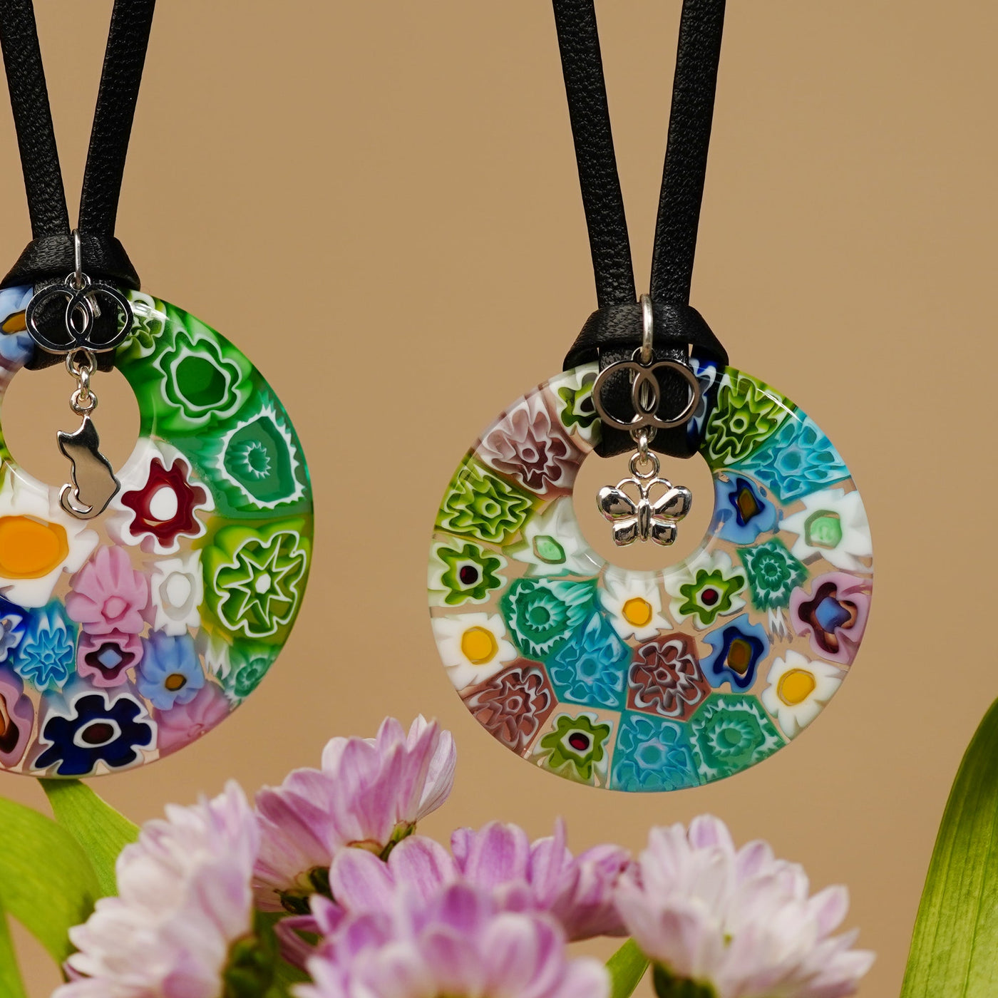Full of Flowers Donut Pendant - 925 Sterling Silver | Nappa Cord - Pendant Necklace