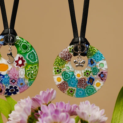 Full of Flowers Donut Pendant - 925 Sterling Silver | Nappa Cord - Pendant Necklace