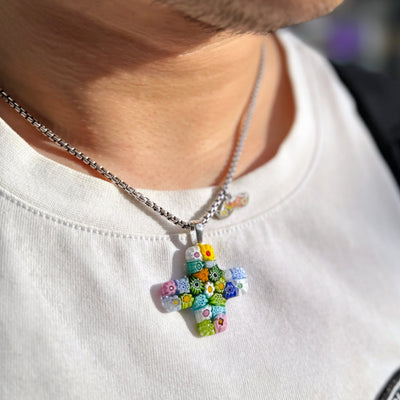 Greek Cross in Bloom Necklace - 1.2mm 925 Sterling Silver [Free Upgrade] - Pendant Necklace