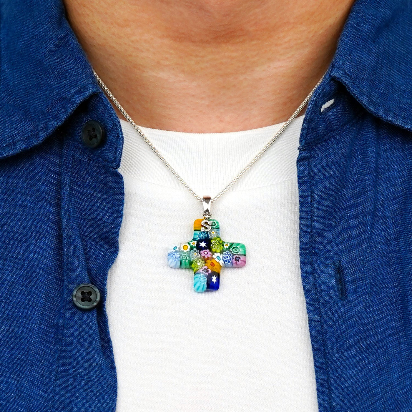 Greek Cross in Bloom Necklace - 1.2mm 925 Sterling Silver [Free Upgrade] - Pendant Necklace