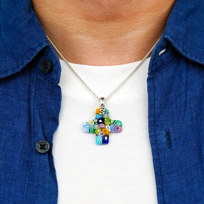 Greek Cross in Bloom Necklace - 1.2mm 925 Sterling Silver [Free Upgrade] - Pendant Necklace