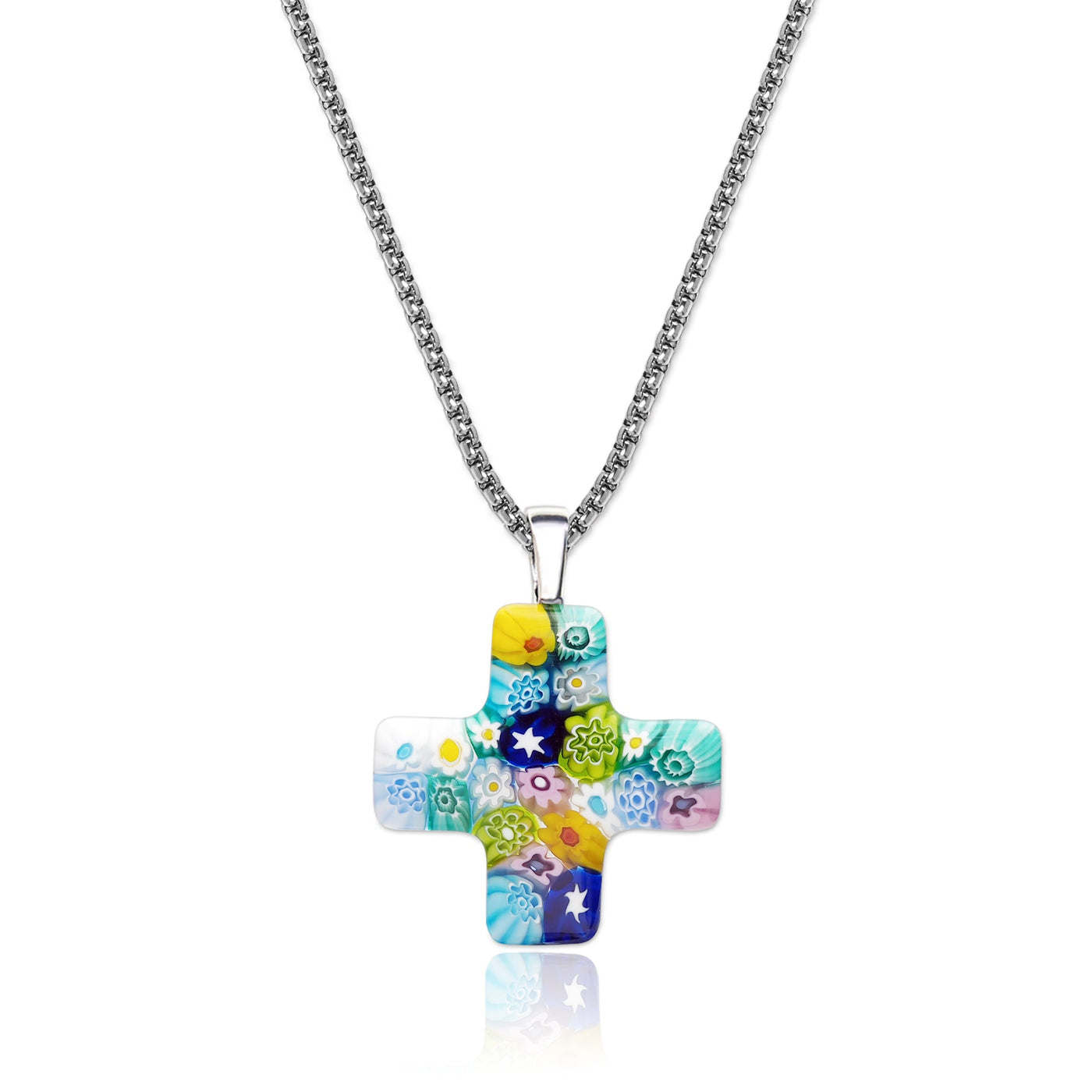 Greek Cross in Bloom Necklace - 2mm 316L Stainless Steel - Pendant Necklace