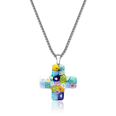 Greek Cross in Bloom Necklace - 2mm 316L Stainless Steel - Pendant Necklace