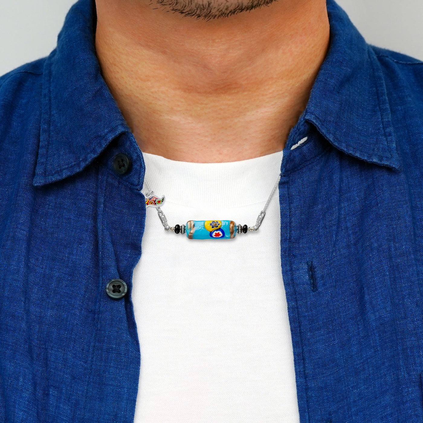 Light Blue Legend Necklace V - 1.8mm Anti - Tarnish Silver [Free Upgrade] - Pendant Necklace