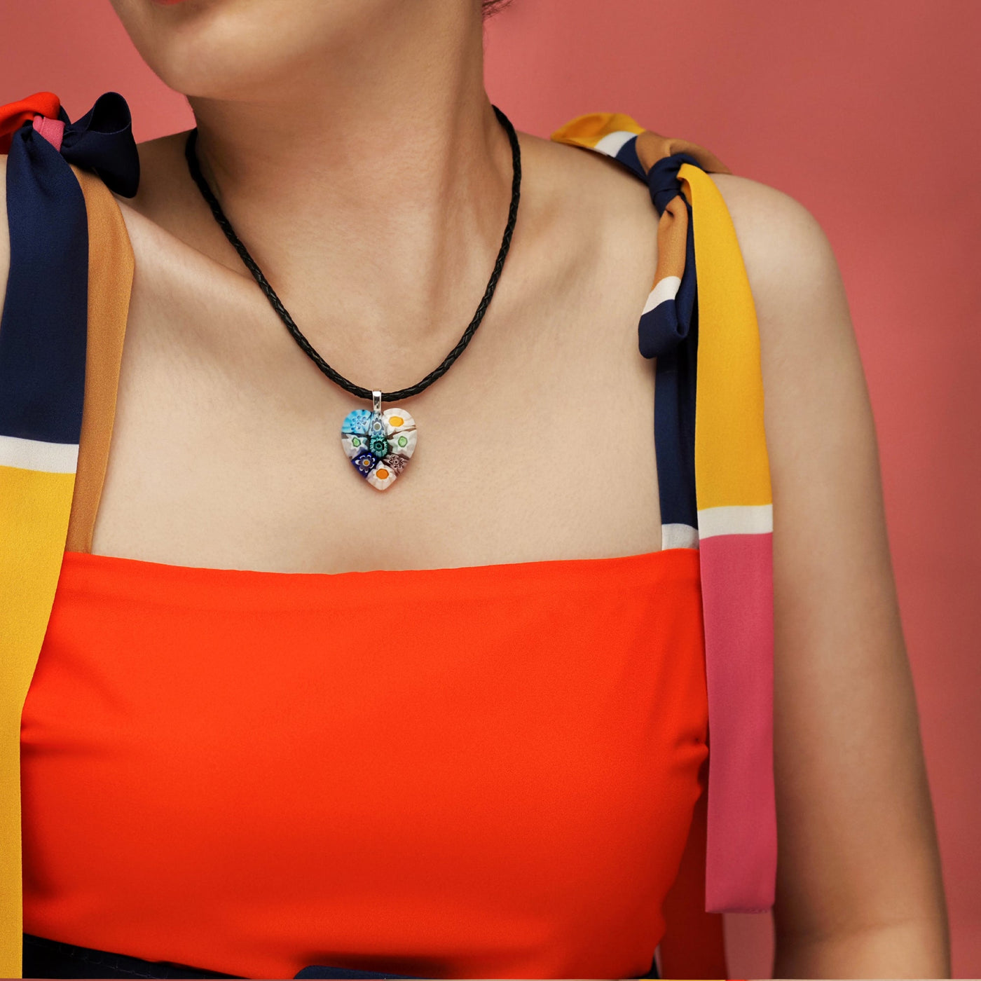 Nine in Bloom Heart Necklace - Leather (Stainless Steel) - Pendant Necklace