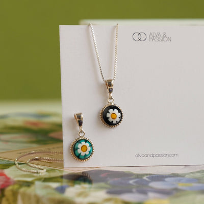 Art Flower in Bloom Necklace - Cyan Daisy Flower - Pendant Necklace