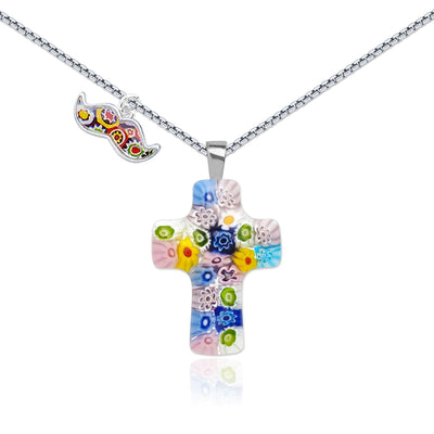 Cross in Bloom Necklace with Micro-Floral - 0.85mm 925 Sterling Silver - Pendant Necklace