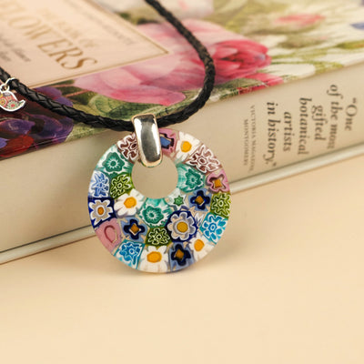 Full of Flowers Donut Pendant - Black Leather - Pendant