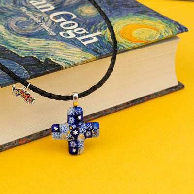 Starry Night Greek Cross Necklace - Black Leather - Pendant Necklace