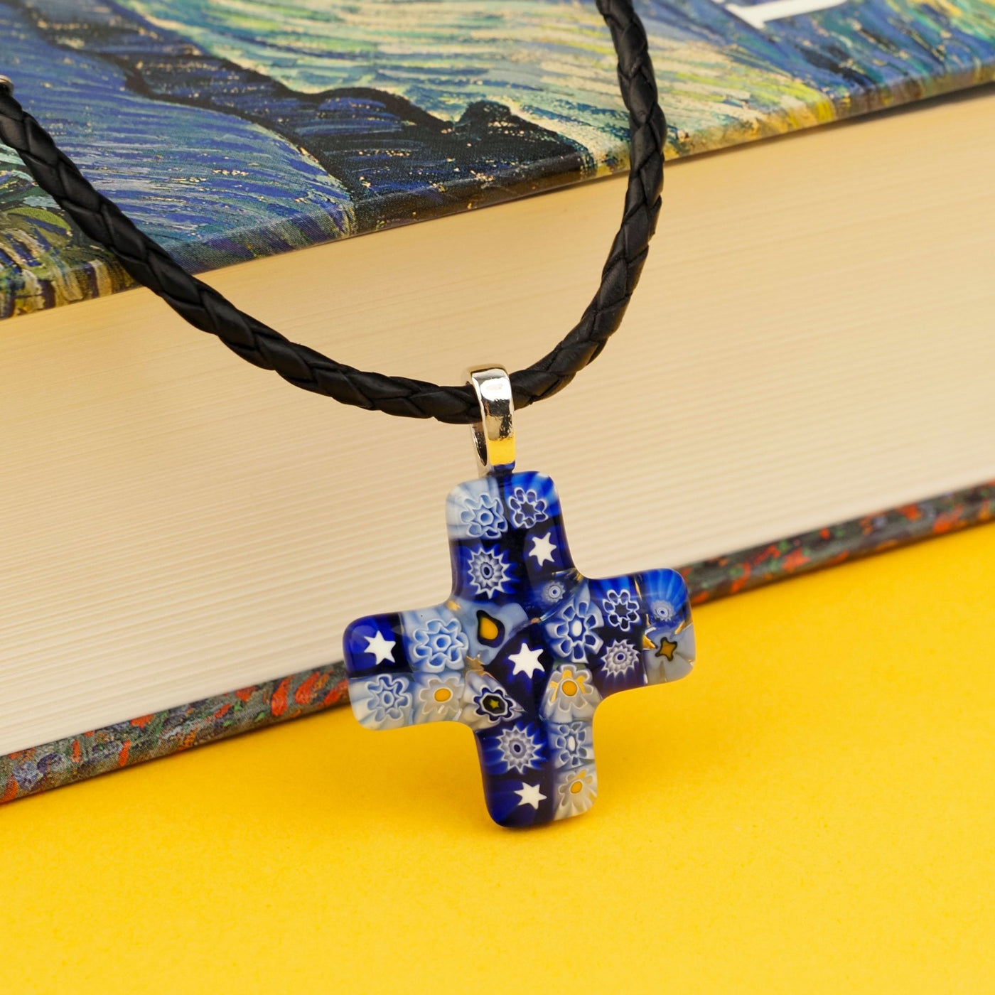 Starry Night Greek Cross Necklace - Black Leather - Pendant Necklace