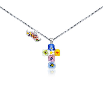 Tiny Cross in Bloom Necklace - 1.3mm Anti-Tarnish Silver [+USD25.00] - Pendant Necklace